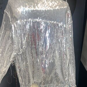 Silver Sequin Fringe Party Top